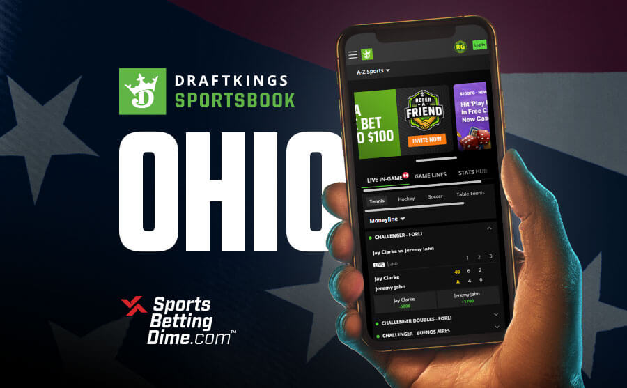 DraftKings Sportsbook Ohio flag hand holding mobile phone with app