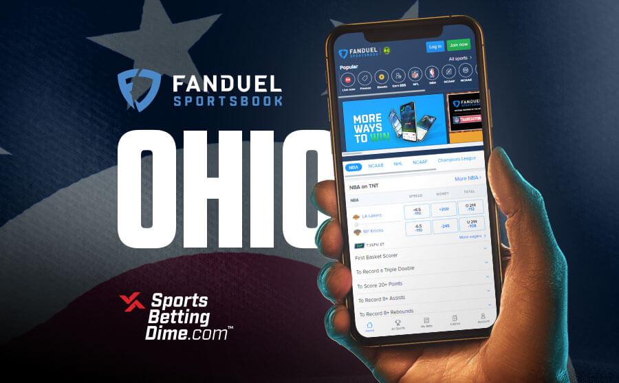 FanDuel Sportsbook Ohio flag hand holding mobile phone with app