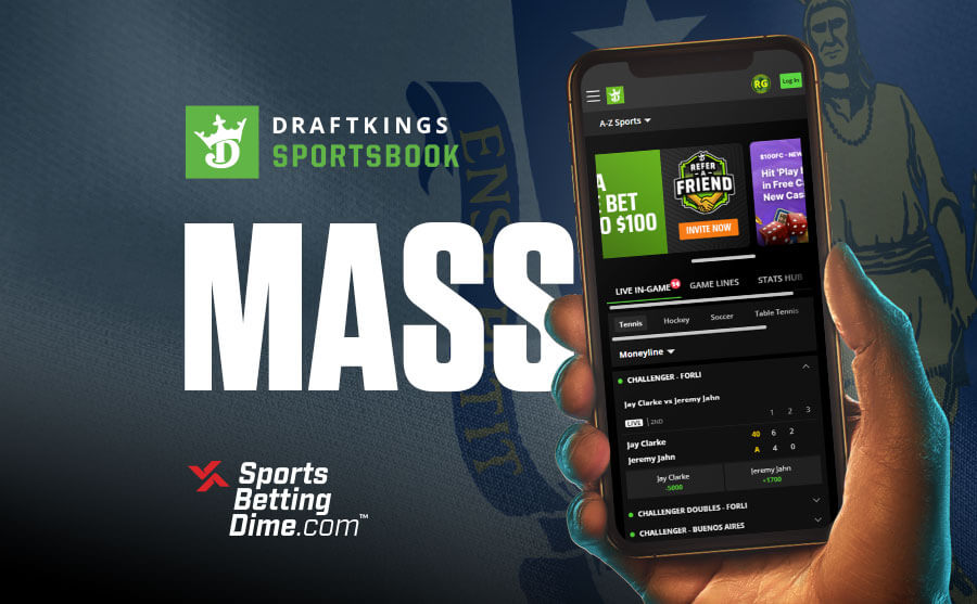DraftKings Sportsbook Massachusetts hand holding mobile phone with app