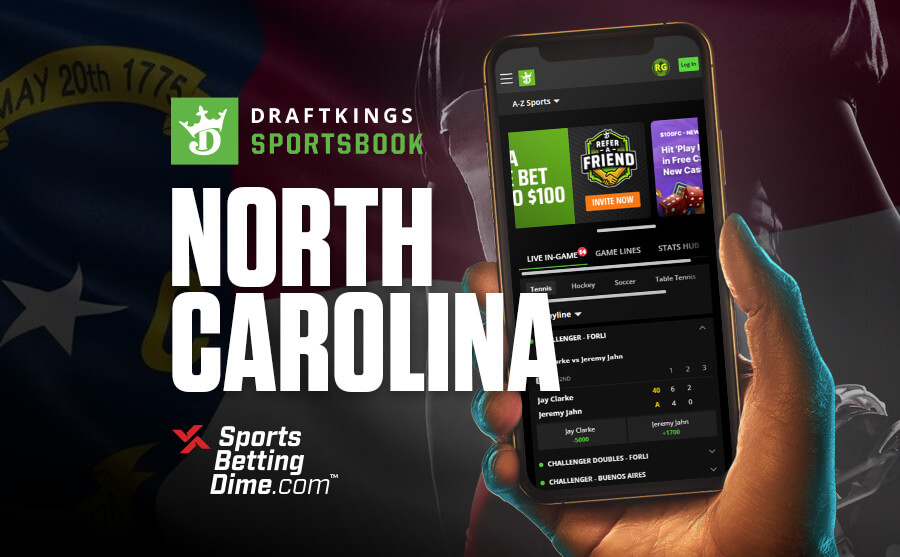 DraftKings North Carolina hand holding mobile phone with sportsbook app