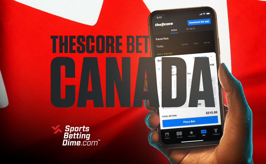 theScore Bet Canada hand holding phone app open Canadian flag