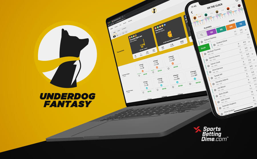 Underdog Fantasy logo laptop and mobile phone with app