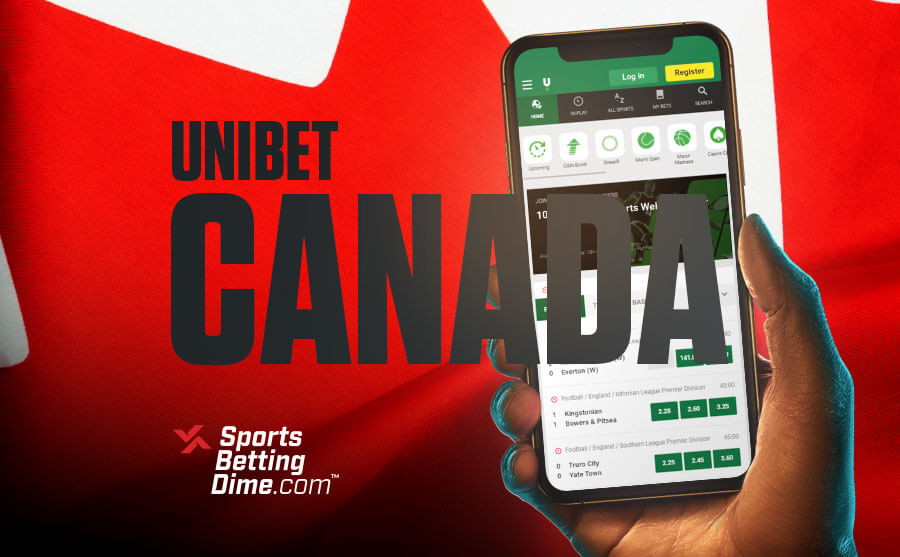 Unibet Canada flag hand holding mobile phone Unibet app