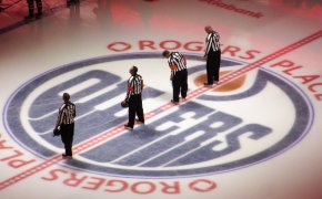 The anthem is played at Rogers Place during a game between the Oilers and Flames