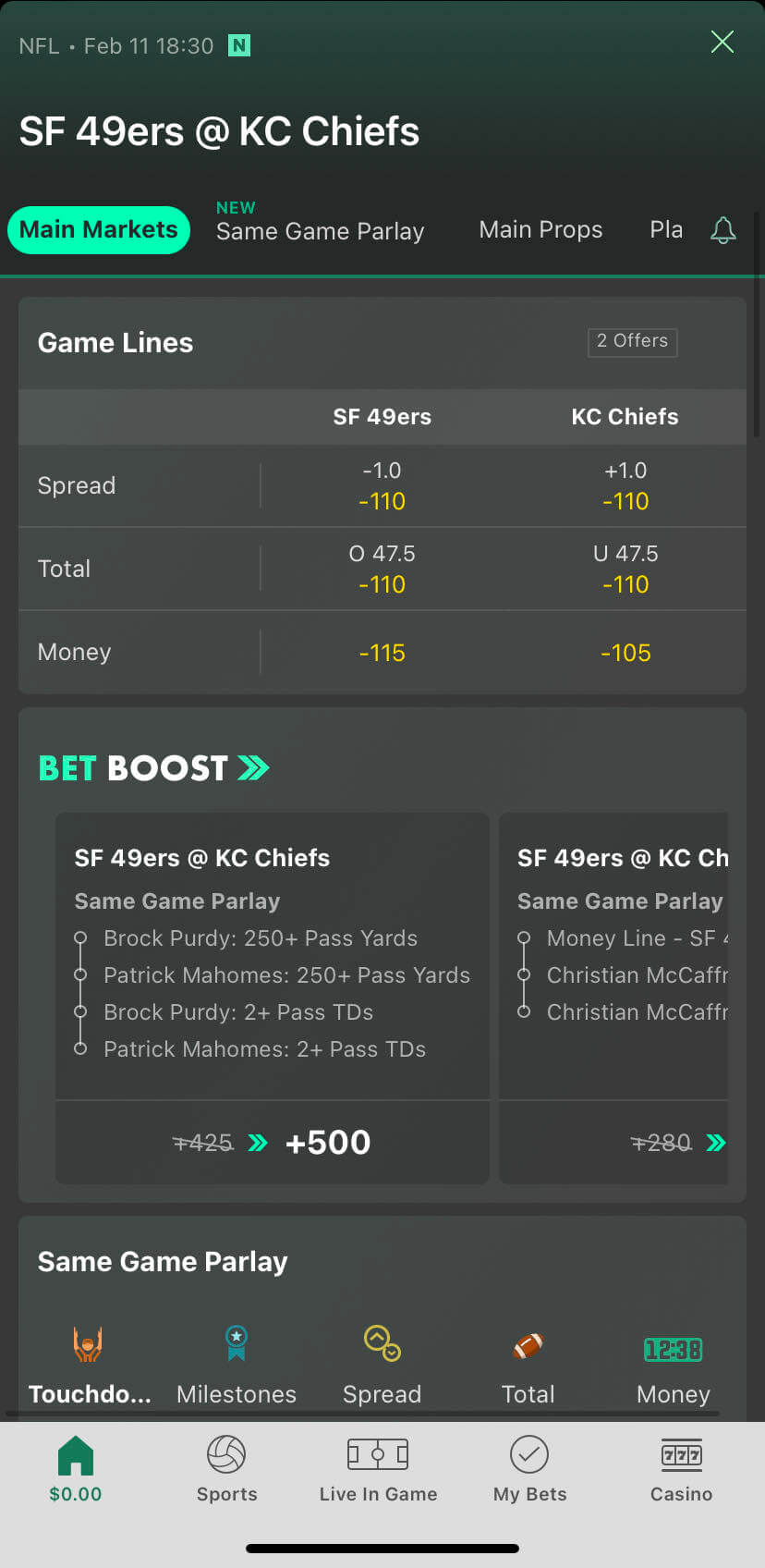 Bet365 app screenshot 49ers vs. Chiefs betting menu