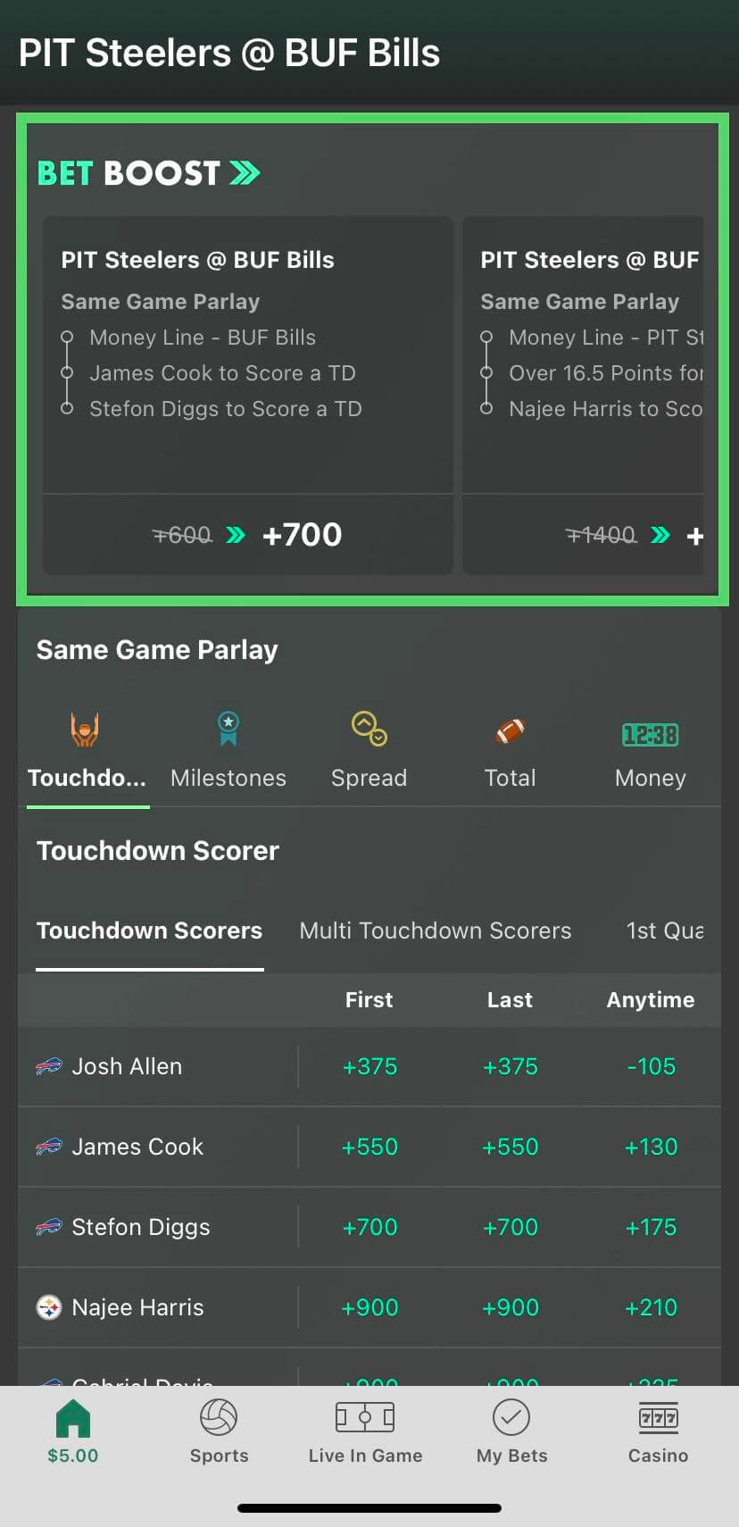 Bet365 app bet boosts menu screenshot Bills Steelers