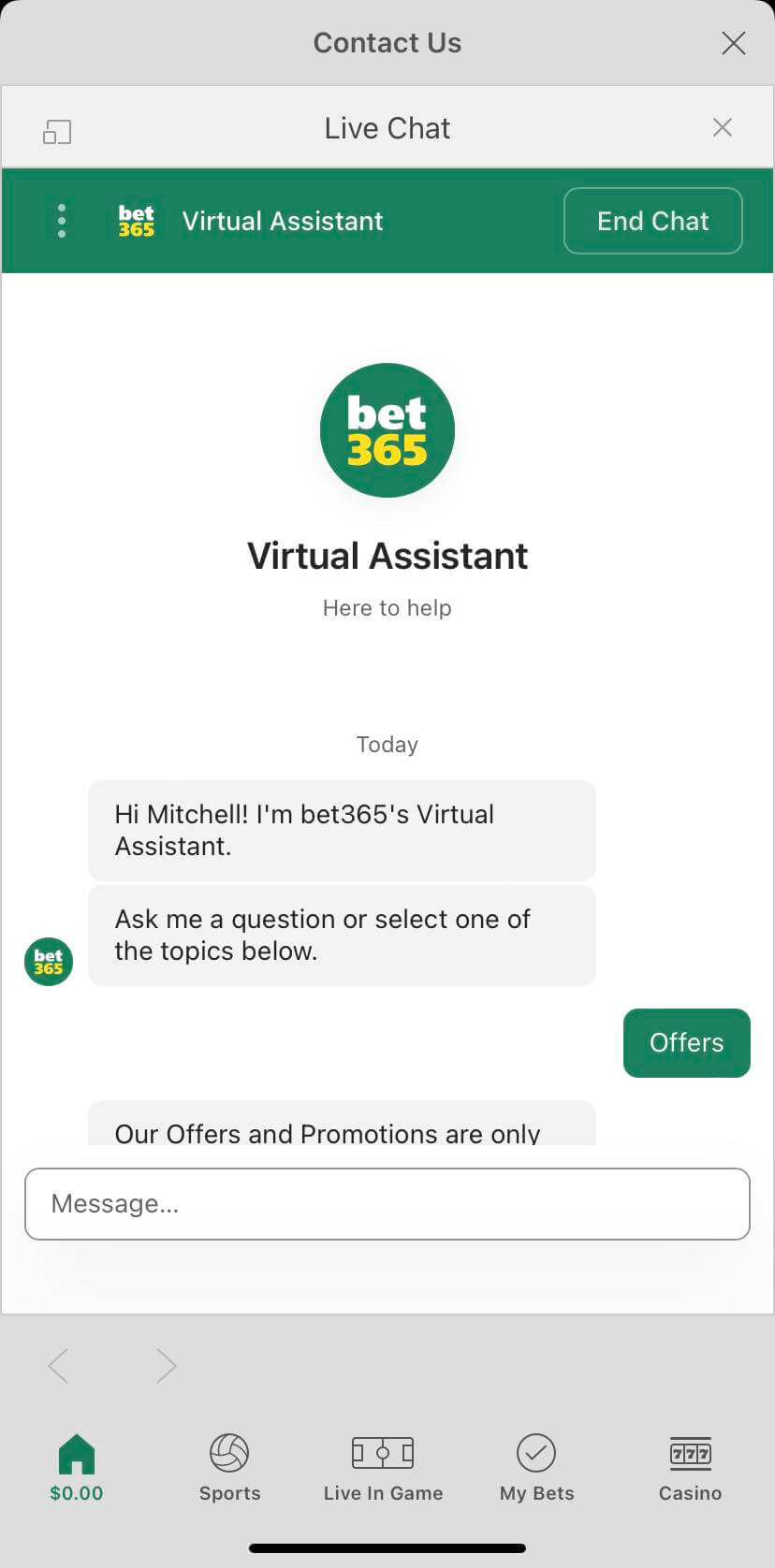 Bet365 Customer Support Chat App Screenshot