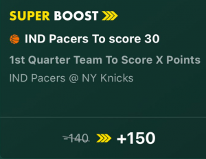 Bet365 Indiana odds boost Feb 1 2024 Pacers to score 30+ screenshot
