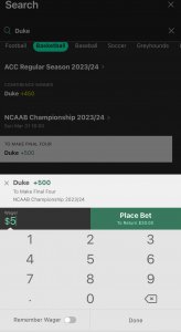 Bet365 North Carolina app Duke Final Four betslip screenshot
