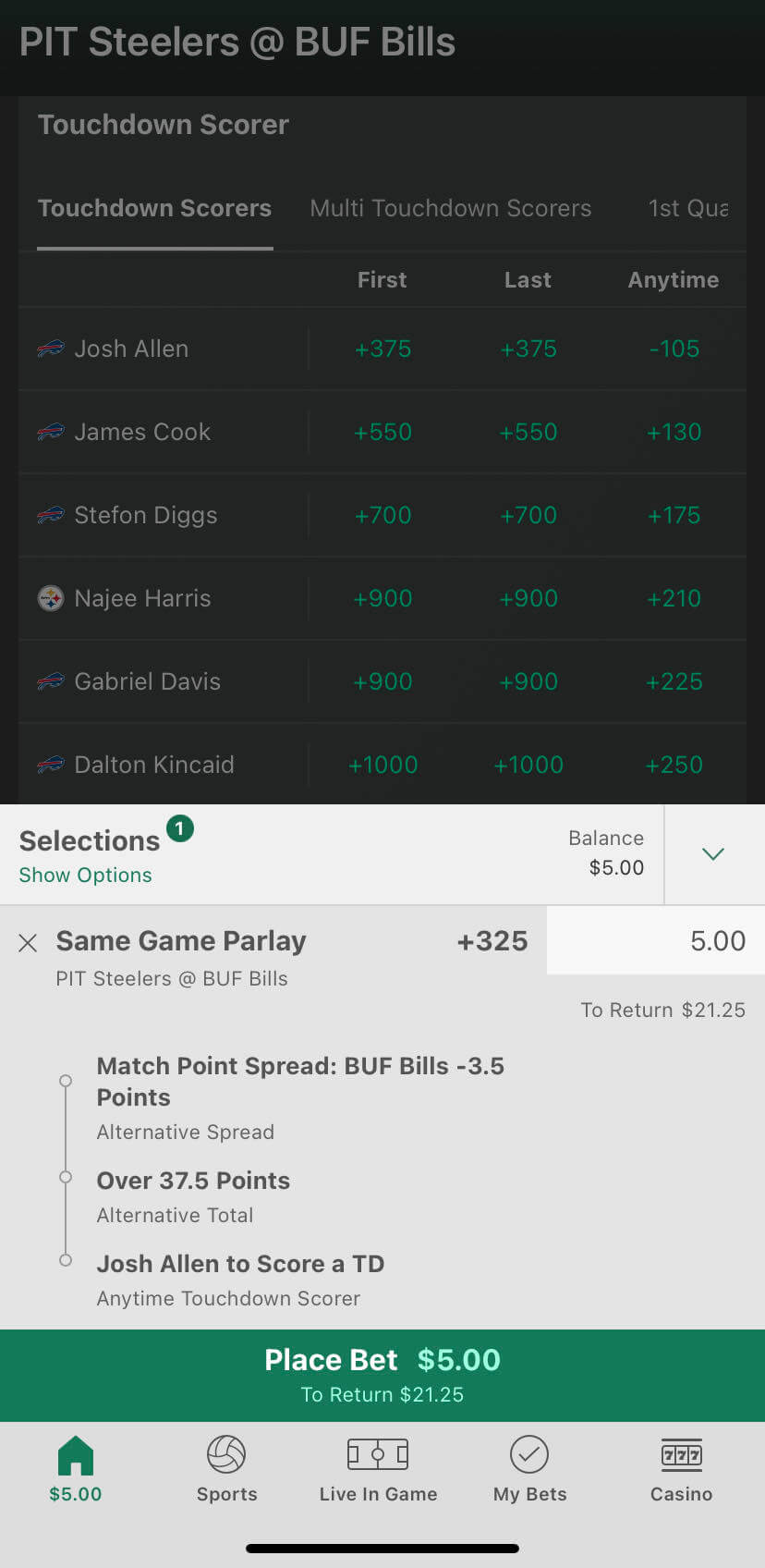 Bet365 same game parlay bet slip screenshot Bills Steelers