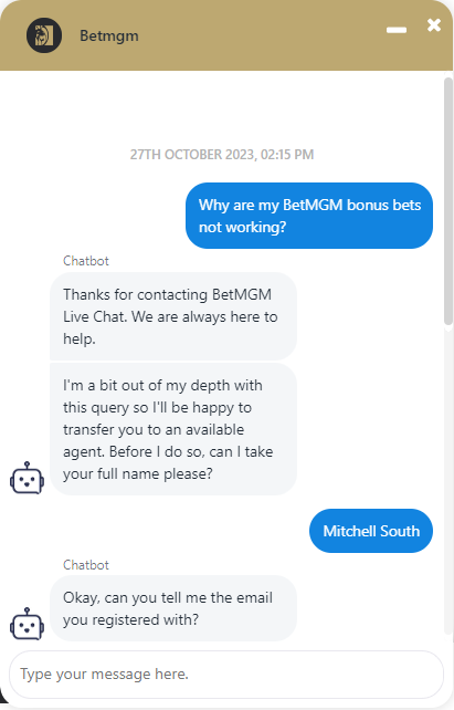 BetMGM Customer Support Screenshot App chat