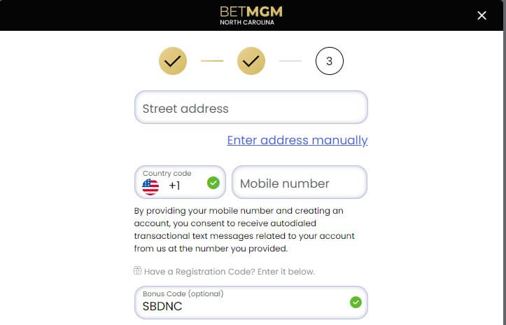 BetMGM NC bonus code SBDNC signup page screenshot