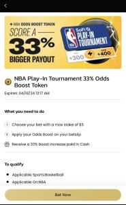 BetMGM odds boost token promo for NBA Play-In Tournament screenshot