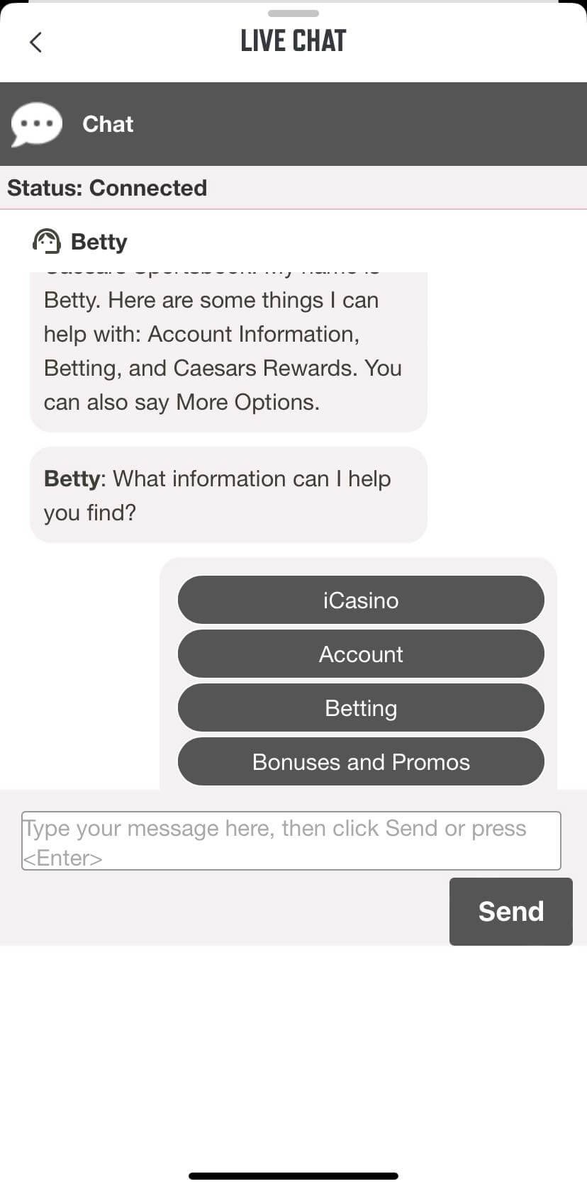 Caesars Customer Support Chat App Screenshot