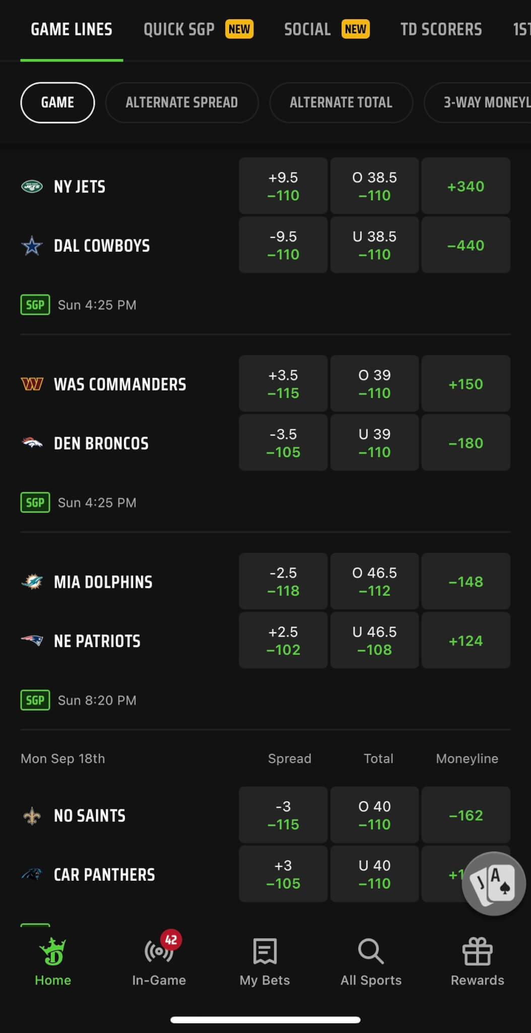 DraftKings app NFL odds Jets Cowboys