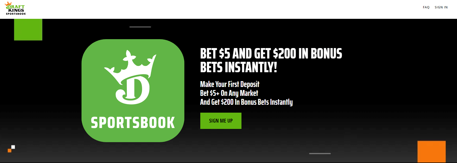 DraftKings Bet $5, Get $200 promo webpage screenshot