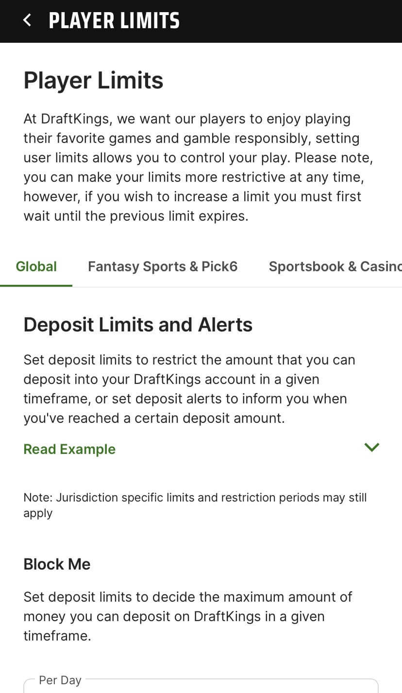 DraftKings deposit limits feature for responsible gaming screenshot