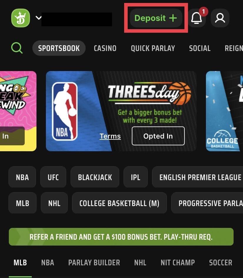 DraftKings Sportsbook app deposit button highlighted