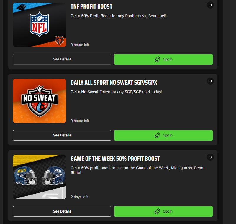 DraftKings promos screenshot Thursday Night Football and College Football