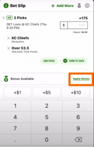 DraftKings applying bonus bet on bet slip screenshot