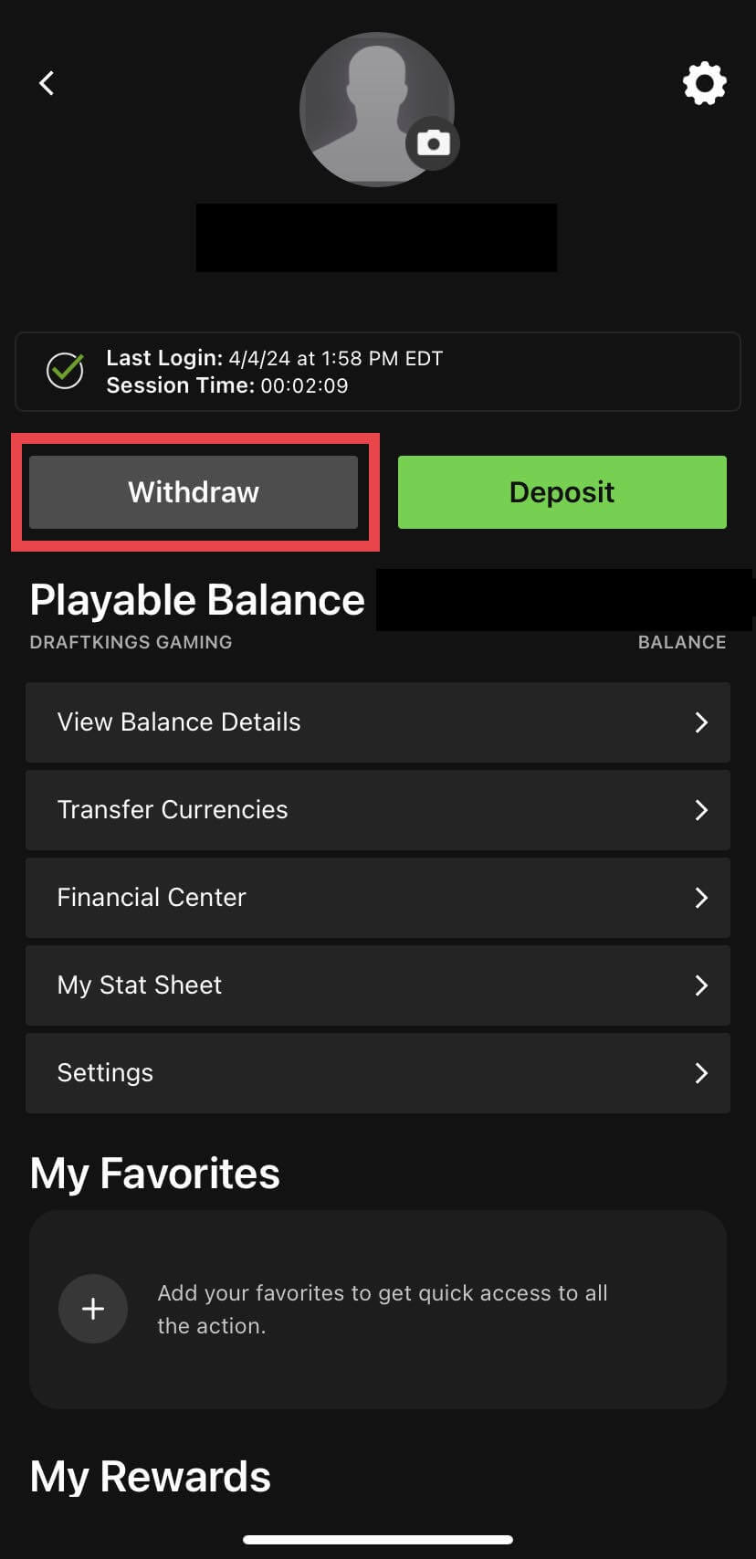 DraftKings account page screenshot withdraw button highlighted