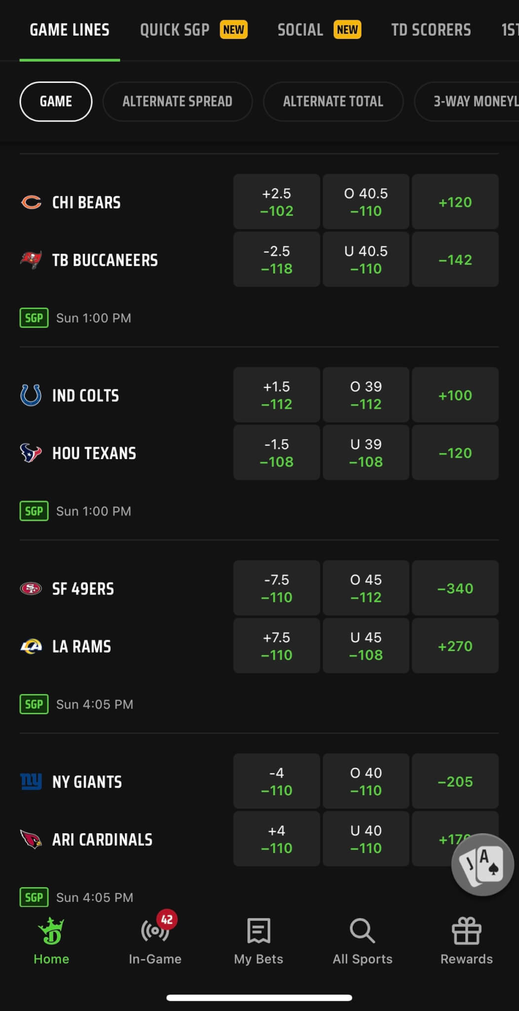 DraftKings app NFL odds page screenshot