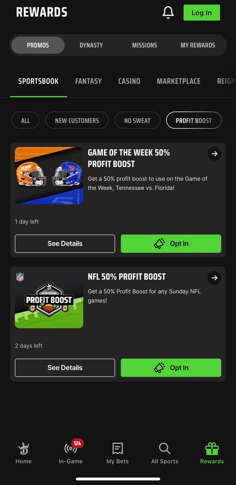 DraftKings app daily boosted odds bonuses screenshot
