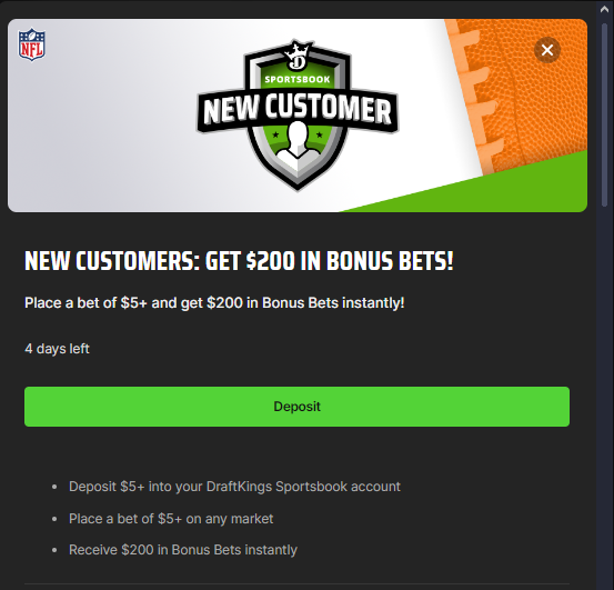 DraftKings promo code screenshot Bet $5 Get $200
