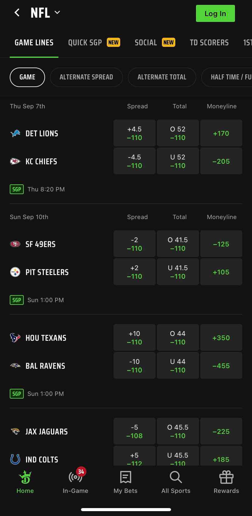 DraftKings NFL betting app screenshot