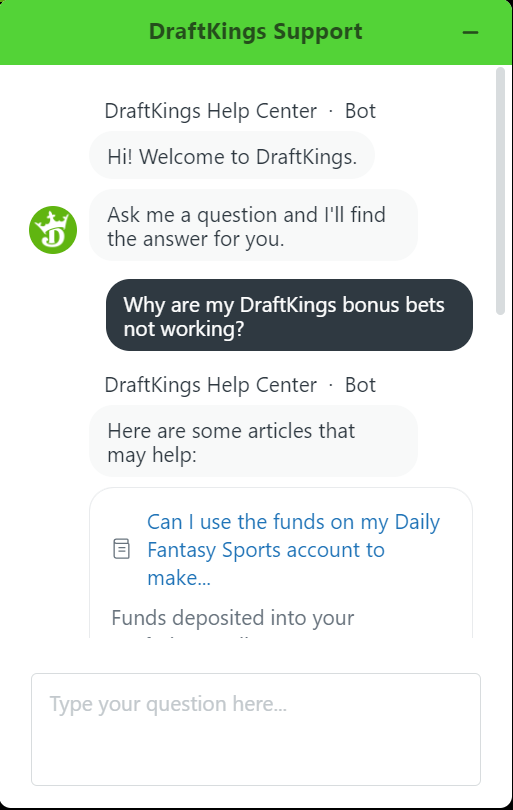 DraftKings customer support chat screenshot