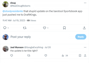 Twitter thread criticizing Barstool Sportsbook app update