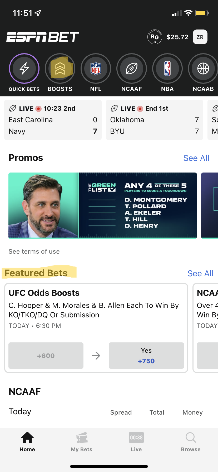 ESPN Bet app with the featured bets and odds boosts highlighted