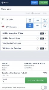 FanDuel North Carolina NHL Betting Page Screenshot