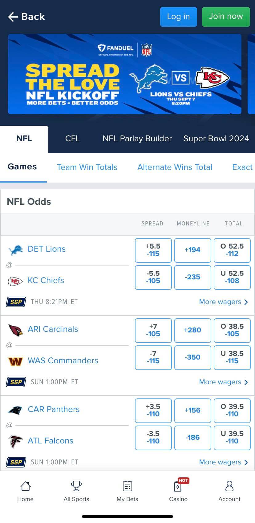 FanDuel NFL betting app screenshot