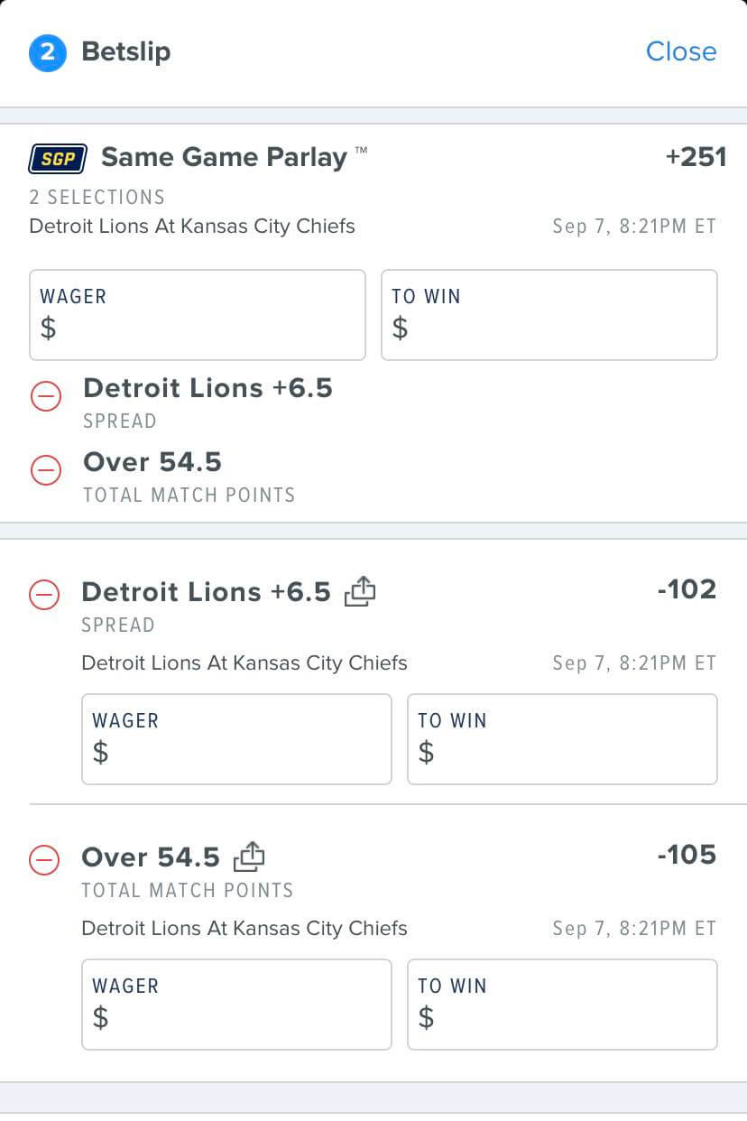 FanDuel NFL Same Game Parlay bet slip Detroit Lions Kansas City Chiefs