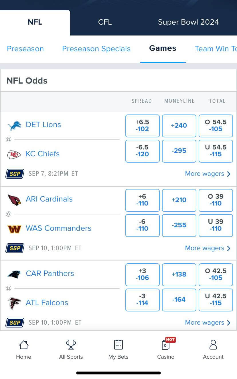 FanDuel NFL games with Same Game Parlay on app