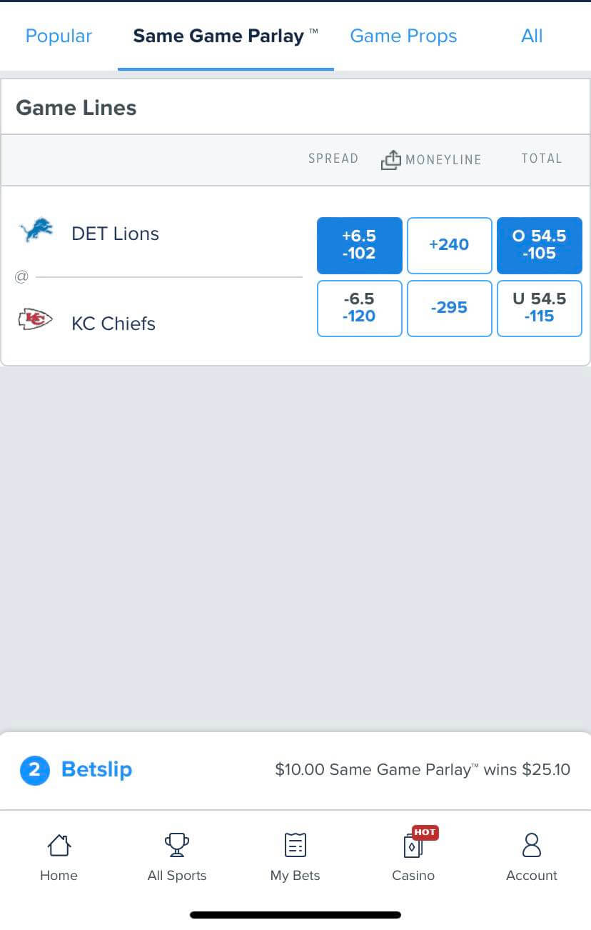 FanDuel NFL Same Game Parlay Detroit Lions +6.5 and Over bets