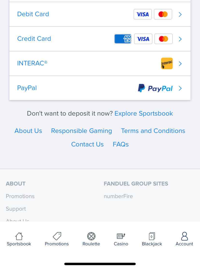 FanDuel payment methods screenshot from sportsbook app