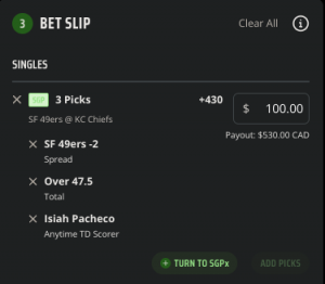 Same-game parlay screenshot from DraftKings for Super Bowl 58