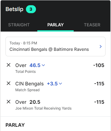 ESPN BET Parlay+ Bet Slip TNF Bengals vs. Ravens