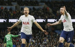 Harry Kane of Tottenham Hotspur celebrates his goal