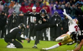 Baltimore Ravens kicker Justin Tucker kicks a field goal against the San Francisco 49ers