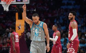 Stephen Curry celebrates hitting a three at the 2022 NBA All-Star Game