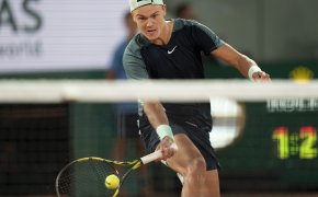 Holger Rune volley at the 2022 French Open