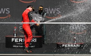 Mercedes driver Lewis Hamilton celebrating a win