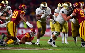 Notre Dame Fighting Irish running back Audric Estime runs with the ball against the USC Trojans in 2022