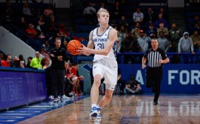 Air Force Falcons forward Rytis Petraitis dribbling up the court