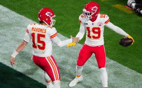 Kansas City Chiefs wide receiver Kadarius Toney celebrates with quarterback Patrick Mahomes
