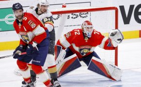 Florida Panthers goaltender Sergei Bobrovsky makes a save against the Vegas Golden Knights