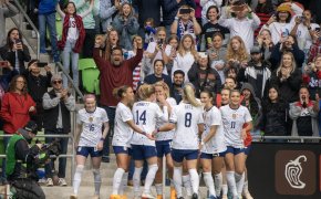 Fans celebrate a goal kick by U.S. Women's National Team midfielder Lindsey Horan (10) during the second half against the Republic of Ireland